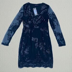 Black mesh floral sequin v neck dress long sleeve Boohoo NWT whimsigoth bohemian